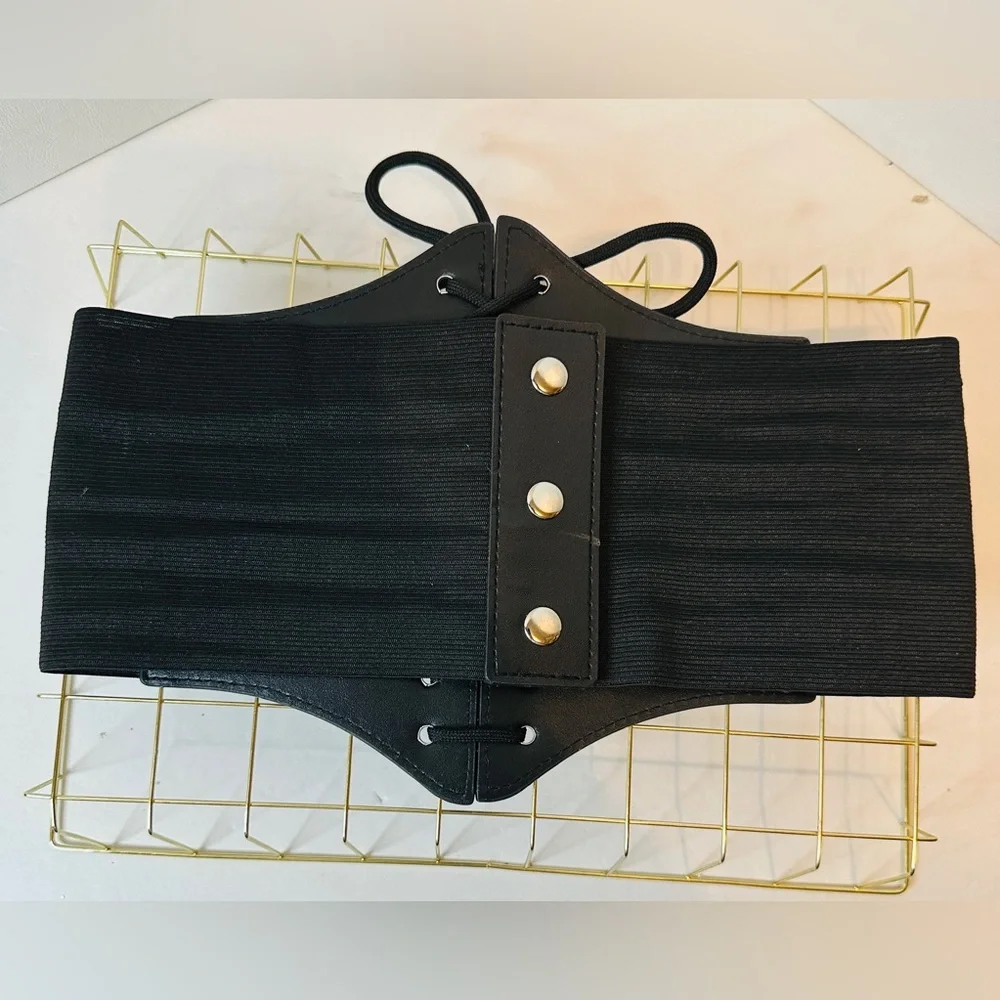Black Corset Belt Vintage Inspired Lace-up Cinch Elastic Waist Belt Size XS/S